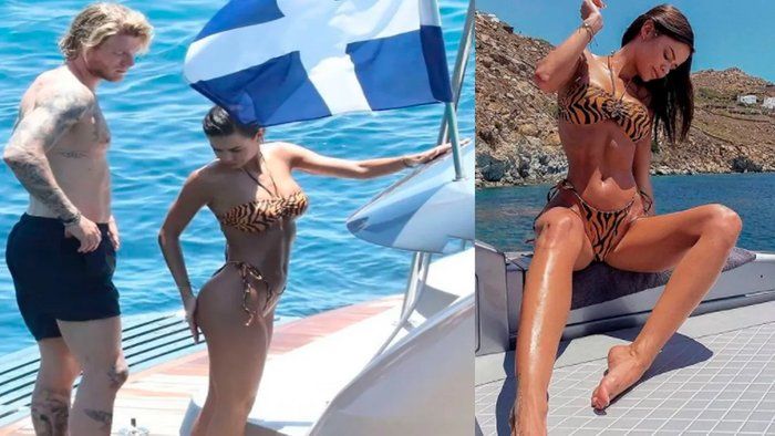 Loris Karius con la ex esposa de Matías Alé en un yate por Grecia. 