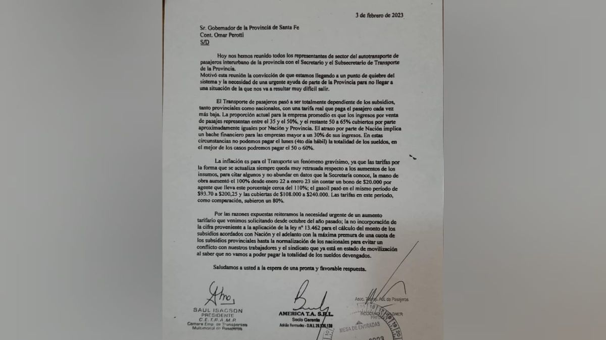 La nota completa de Atap en donde solicita una actualización de tarifas para los colectivos interurbanos de la provincia.