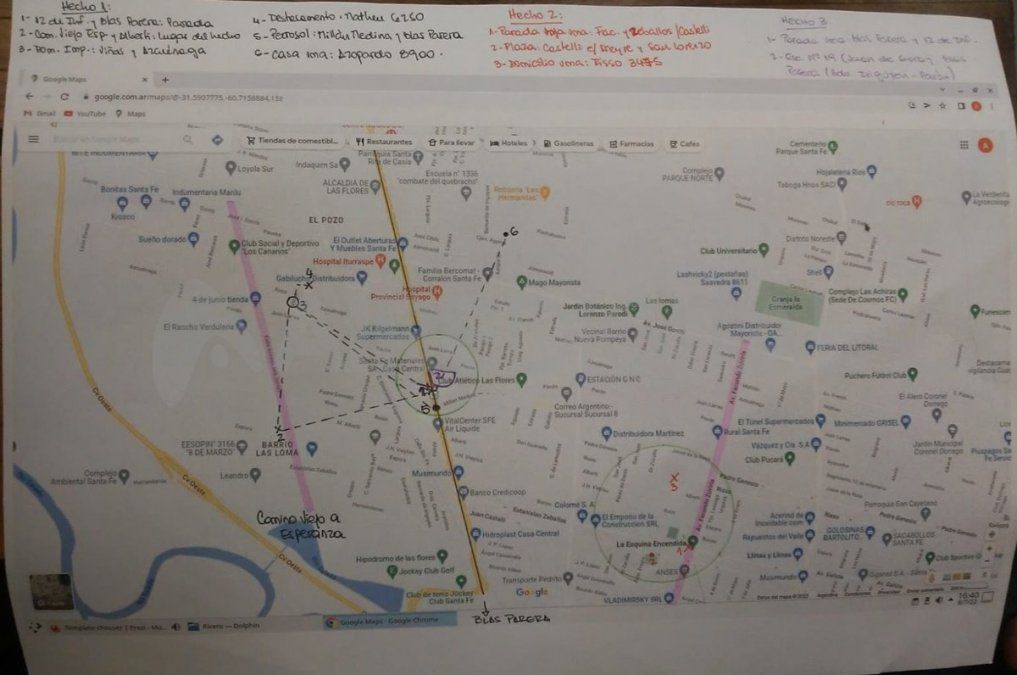 La Fiscalía utilizó un mapa para graficar la cercanía de las tres escenas de los delitos endilgados a Rivero