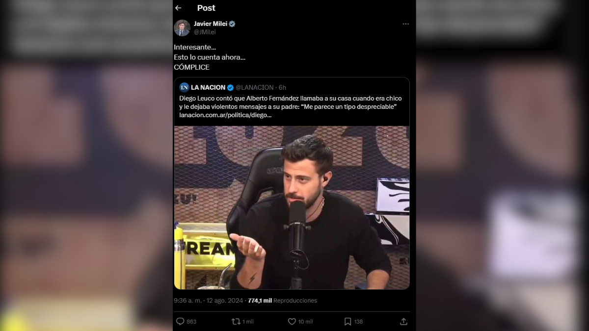 Javier Milei apuntó contra Diego Leuco a través de sus redes sociales. Javier Milei apuntó contra Diego Leuco a través de sus redes sociales.