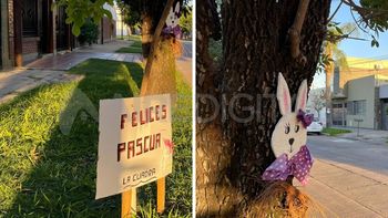 Pascuas a puro color en barrio Candioti: decoración con conejitos en toda una cuadra