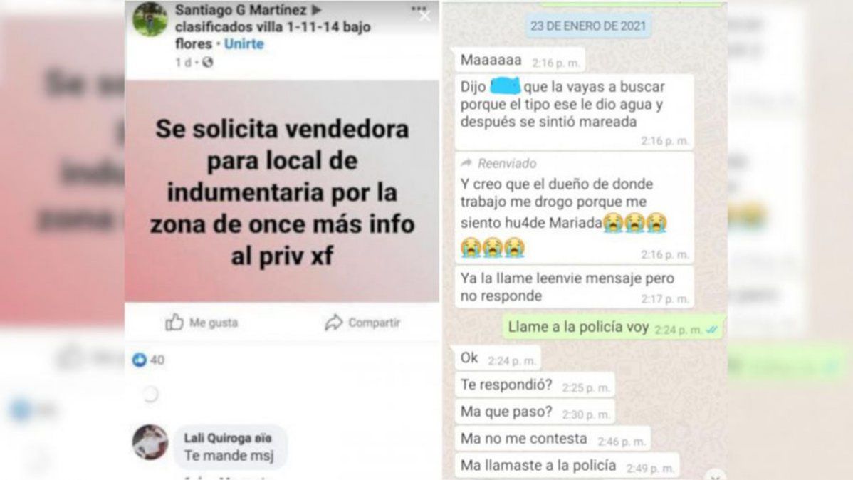La propuesta laboral del acusado en Facebook y el mensaje que recibió la mamá de la víctima. 