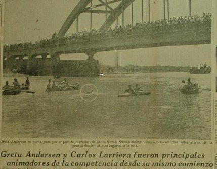 Greta Andersen cruzando el Puente Carretero en la edición 1962 de la Maratón.