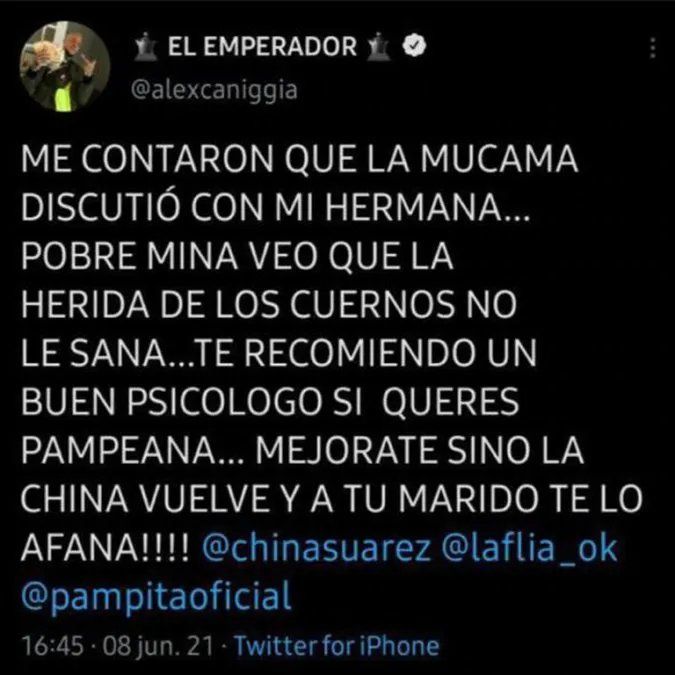 Alex Caniggia fulminó a Pampita a través de Twitter y desató una polémica en La Academia.