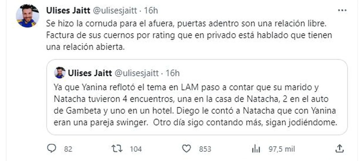 Ulises Jaitt rompió el silencio y reveló datos sobre los encuentros entre su hermana Natacha y Diego Latorre. Ulises Jaitt rompió el silencio y reveló datos sobre los encuentros entre su hermana Natacha y Diego Latorre.