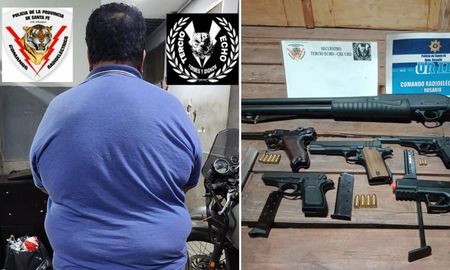 José Bonacci y las armas secuestradas por la Policía en su hogar de la ciudad de Rosario. José Bonacci y las armas secuestradas por la Policía en su hogar de la ciudad de Rosario.