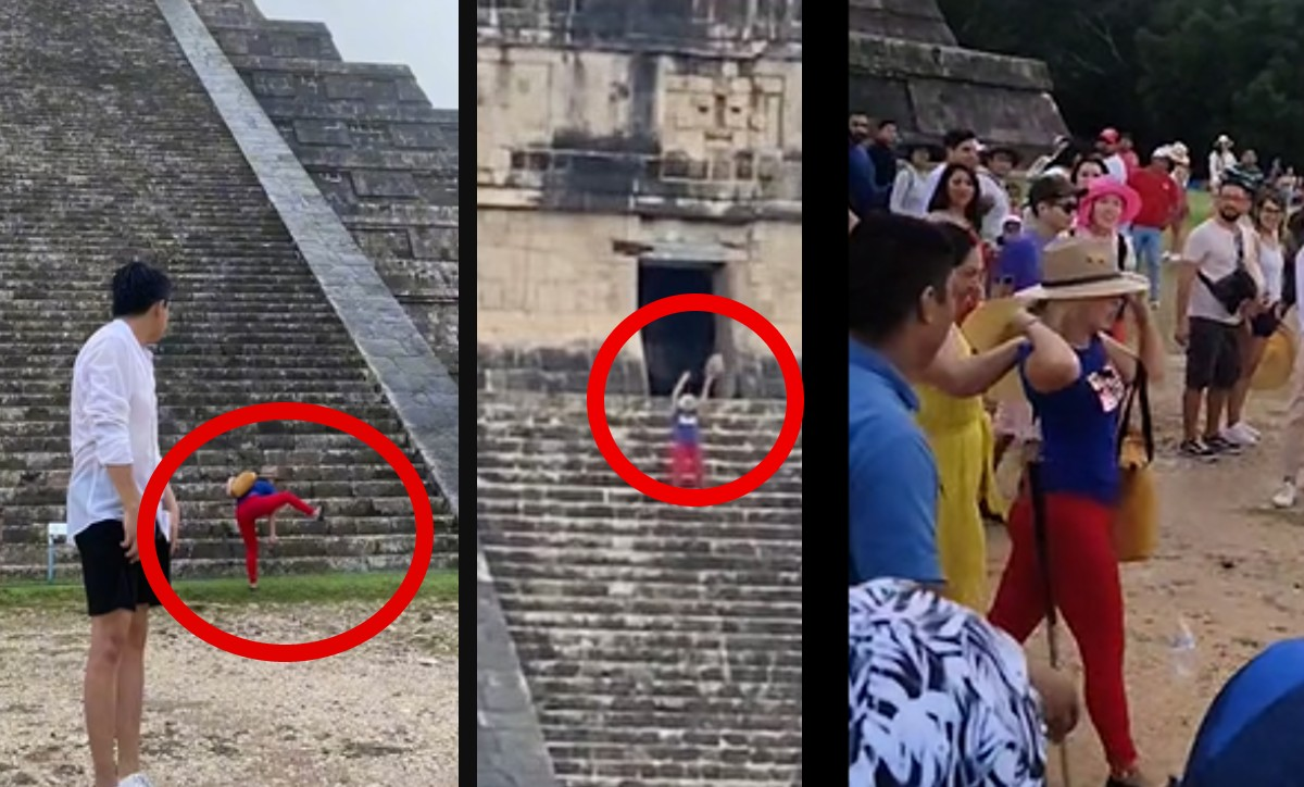 Decenas de personas Insultan y bajan a patadas a una turista que se subió a las pirámides en Yucatán: ¡Cárcel