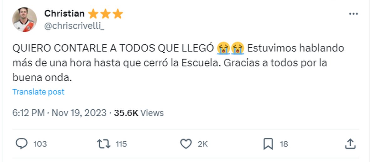 Durante el balotaje 2023, un usuario de X (Twitter) vivió un momento emotivo. Durante el balotaje 2023, un usuario de X (Twitter) vivió un momento emotivo.