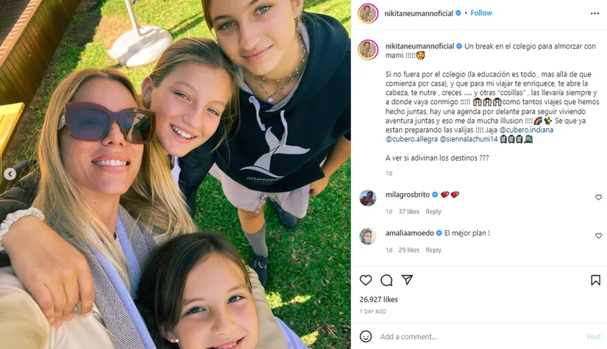 Publicación de Nicole Neumann en su cuenta de Instagram, donde se la puede ver con sus hijas.