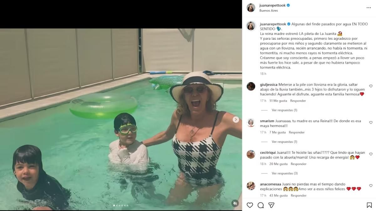 Juana Repetto comparti&oacute; un video familiar en redes sociales que gener&oacute; cr&iacute;ticas por la presencia de sus hijos en la pileta durante una llovizna.
