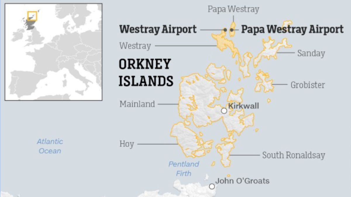 El mapa indica la localización de los aeródromos de las islas de Westray y Papa Westray, que integran el archipiélago de Orkney, al norte de Escocia. El mapa indica la localización de los aeródromos de las islas de Westray y Papa Westray, que integran el archipiélago de Orkney, al norte de Escocia.