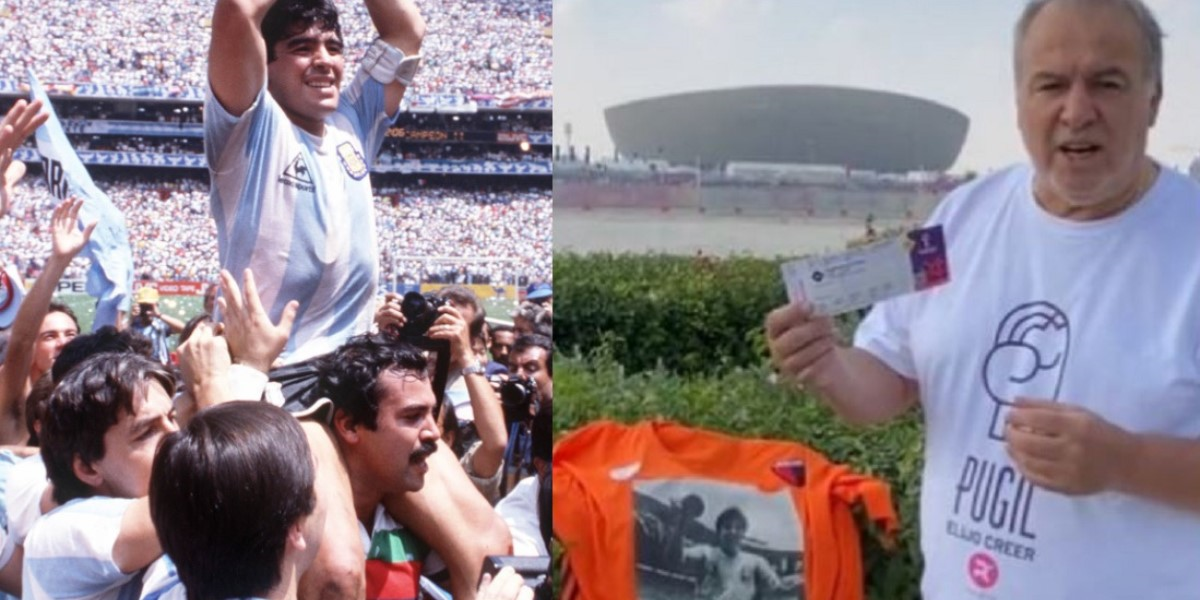 Roberto Cejas y su vuelta olímpica con Diego Maradona.