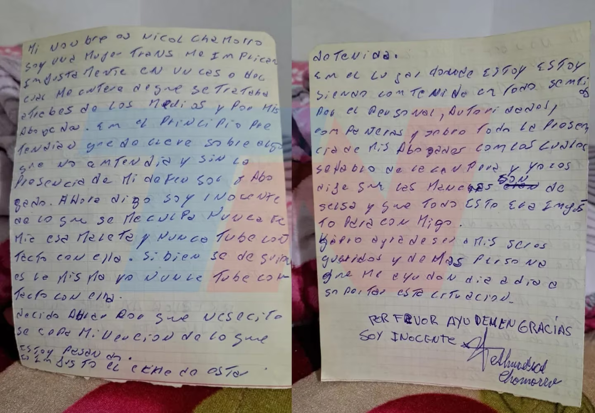 La carta que escribió Nicole Chamorro desde la cárcel. (Foto: TN) La carta que escribió Nicole Chamorro desde la cárcel. (Foto: TN)