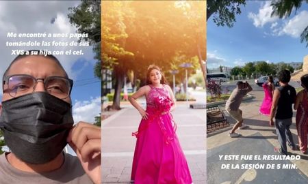 Un fotógrafo vio a una quinceañera en una sesión de fotos casera en la calle y tuvo un gran gesto con ella Un fotógrafo vio a una quinceañera en una sesión de fotos casera en la calle y tuvo un gran gesto con ella