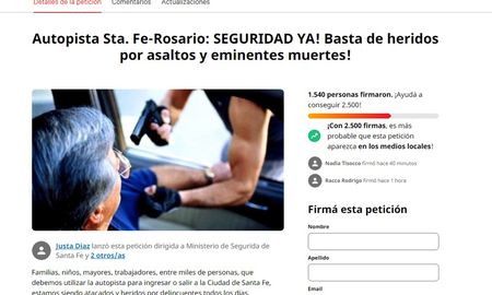 Durante la tarde de este jueves, cerca de 1.600 personas ya habían firmado la petición para que las autoridades tomen medidas frente a la inseguridad en el ingreso a la ciudad de Santa Fe por la autopista. Durante la tarde de este jueves, cerca de 1.600 personas ya habían firmado la petición para que las autoridades tomen medidas frente a la inseguridad en el ingreso a la ciudad de Santa Fe por la autopista.