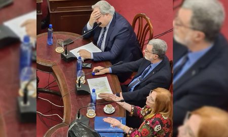 El presidente de la Cámara de Diputados y Diputadas, Pablo Farías, se toma la cabeza; El ministro de Seguridad, Rubén Rimoldi, mira al frente mientras Ana Morel brinda explicaciones. El presidente de la Cámara de Diputados y Diputadas, Pablo Farías, se toma la cabeza; El ministro de Seguridad, Rubén Rimoldi, mira al frente mientras Ana Morel brinda explicaciones.