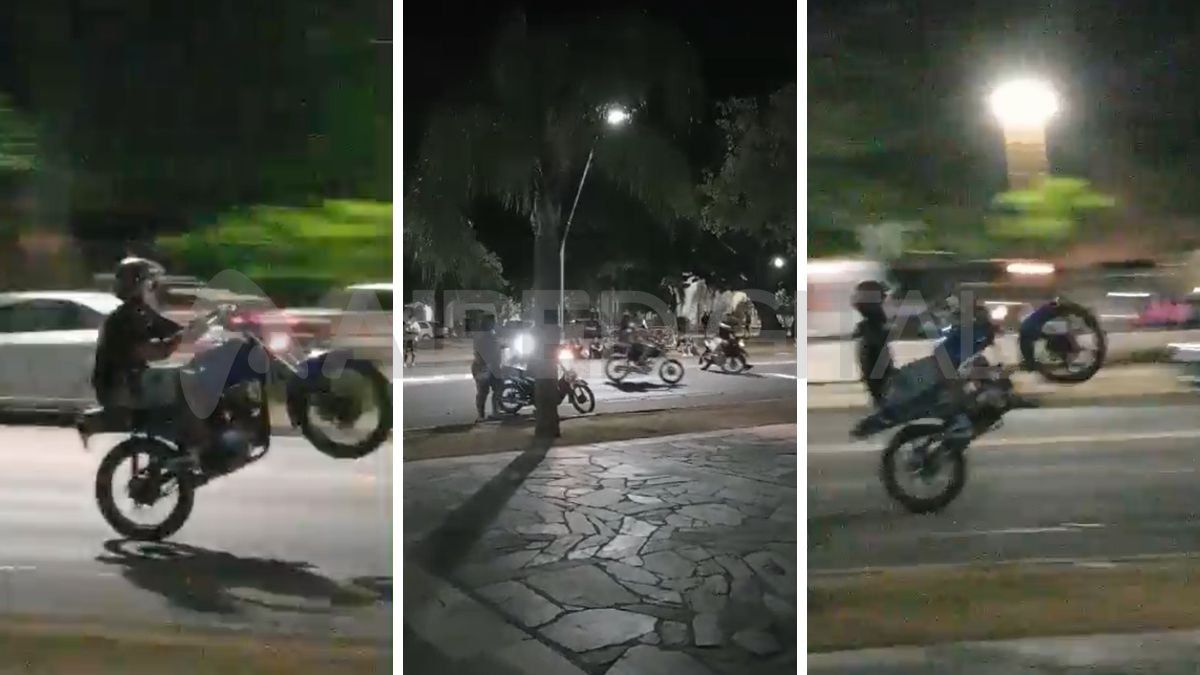 Una moto haciendo willy en la Costanera.