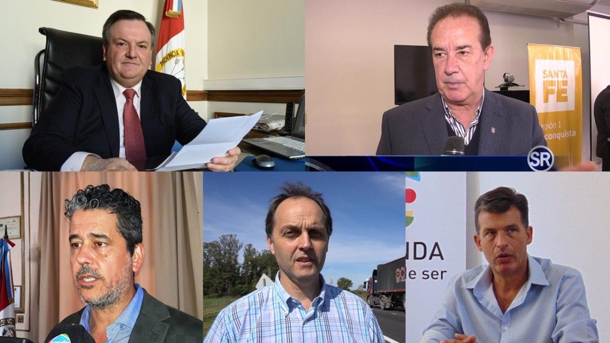 De izquierda a derecha y de arriba hacia abajo, los senadores de la UCR que votaron en contra del desafuero de Traferri: Felipe Michlig (departamento San Cristóbal), Orfilio Marcón (General Obligado), Germán Giacomino (Constitución), Hugo Rasetto (Iriondo) y Leonardo Diana (San Jerónimo).