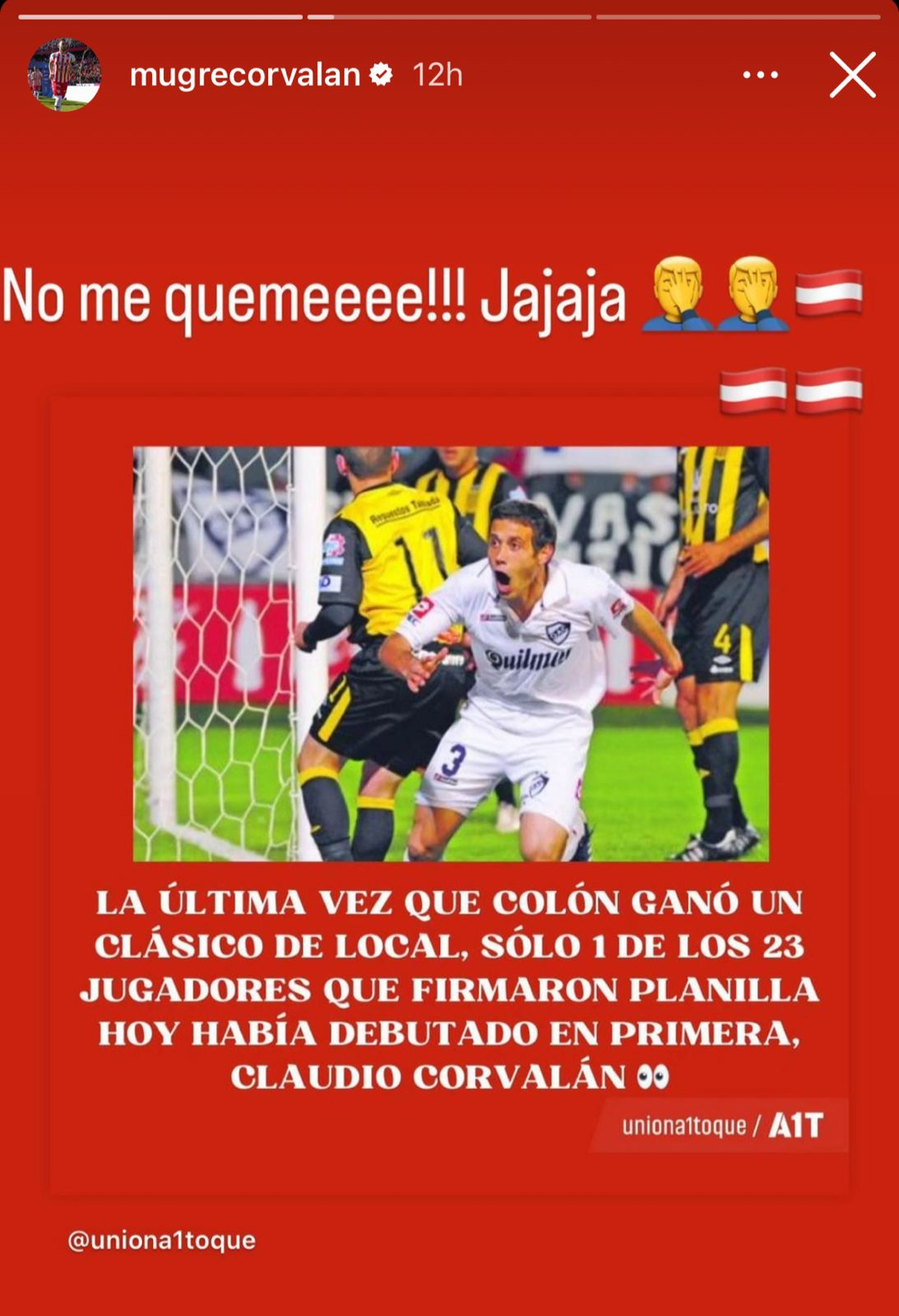 La chicana a Colón que compartió Claudio Corvalán en sus redes. La chicana a Colón que compartió Claudio Corvalán en sus redes.