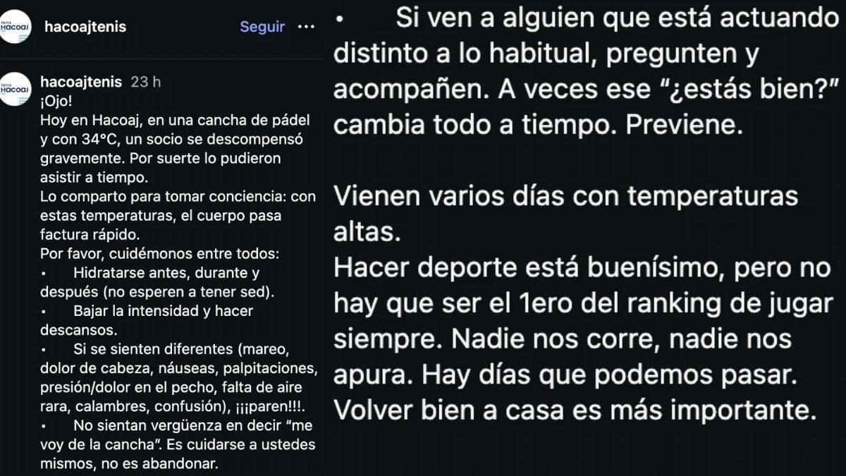 El club difundió un comunicado preventivo con recomendaciones para hidratarse, bajar la intensidad y escuchar las señales del cuerpo. El club difundió un comunicado preventivo con recomendaciones para hidratarse, bajar la intensidad y escuchar las señales del cuerpo.