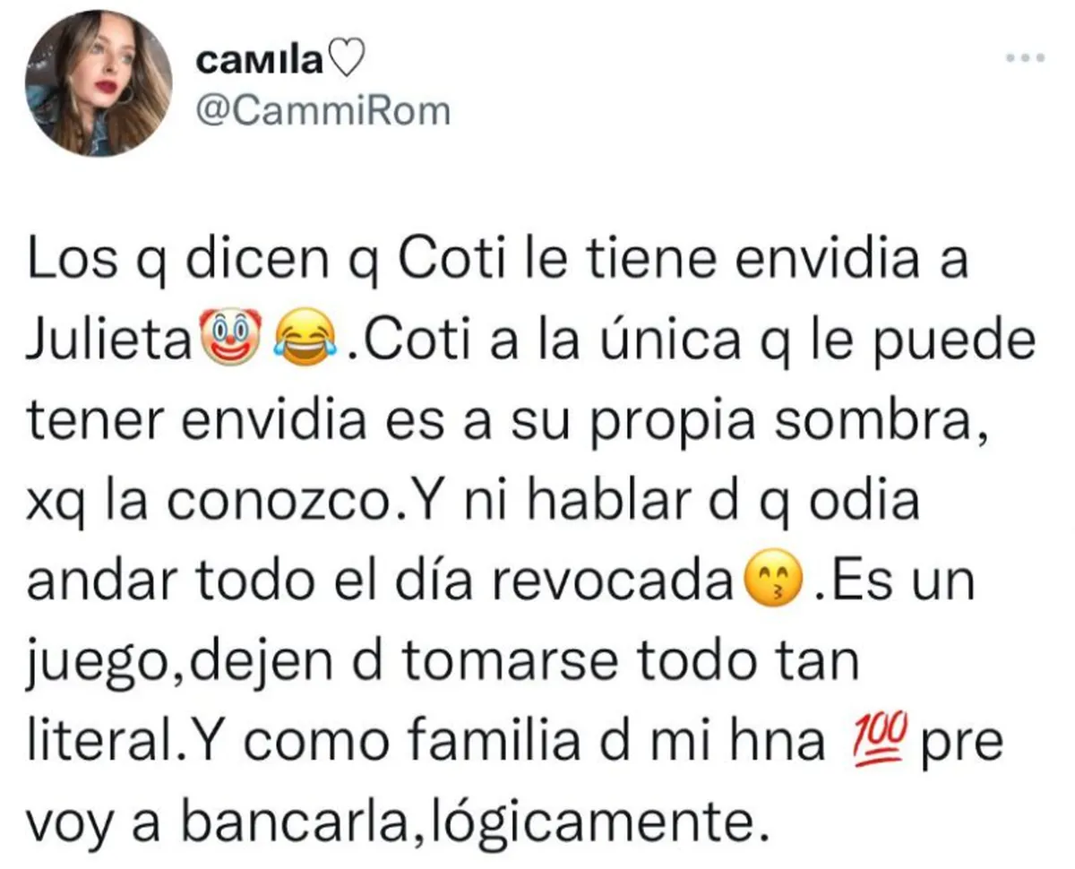 En su cuenta de Twitter, Camila, la hermana de Coti, salió a defenderla.