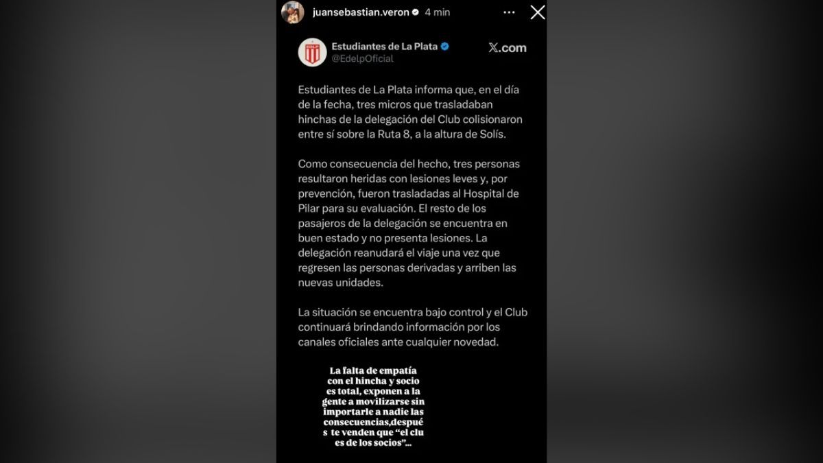 El mensaje de Juan Sebastián Verón, presidente de Estudiantes, en su cuenta de instagram. El mensaje de Juan Sebastián Verón, presidente de Estudiantes, en su cuenta de instagram.