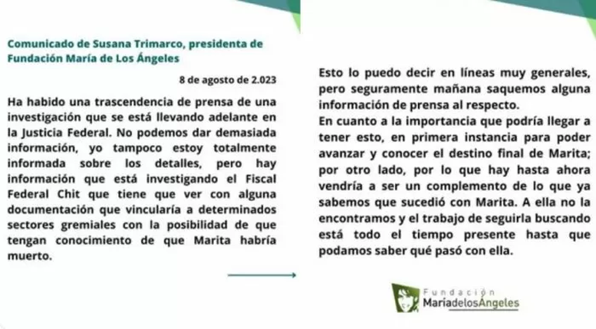 El comunicado oficial de Fundación María de los Ángeles. El comunicado oficial de Fundación María de los Ángeles.