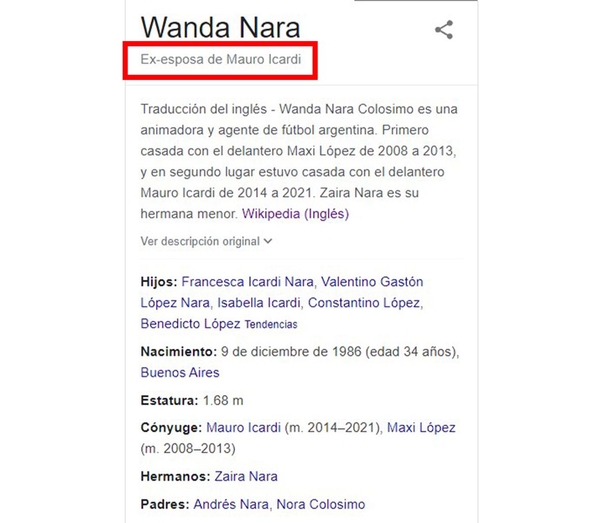 Wanda figura como “ex esposa de Mauro Icardi” en las versiones inglesa y francesa de Wikipedia. 