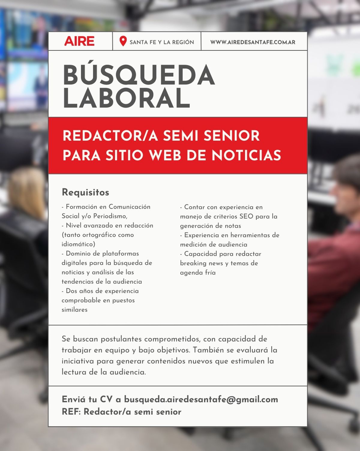AIRE lanza una búsqueda laboral para incorporar redactores y editores con formación periodística