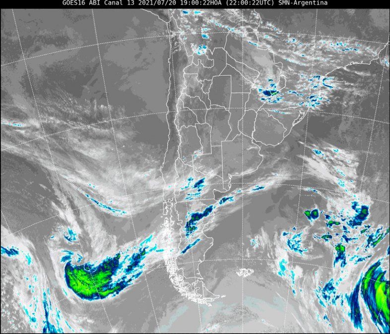 Imagen satelital del tiempo a las 19 horas del martes.
