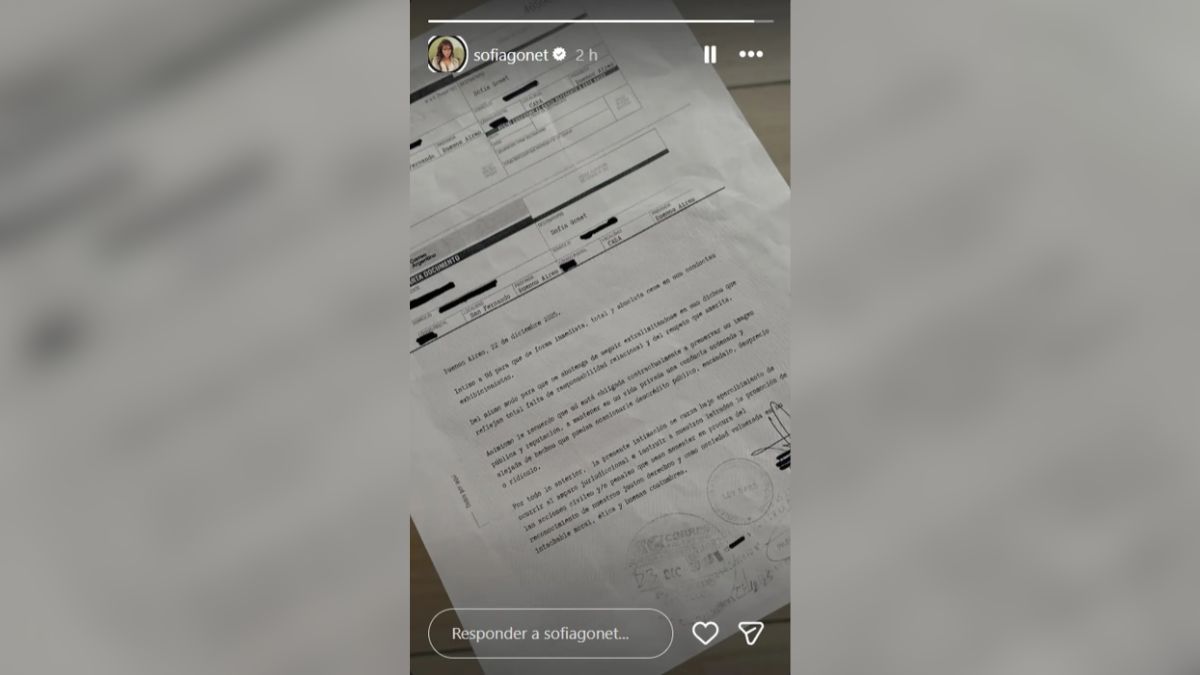 A trav&eacute;s de sus redes sociales, Sof&iacute;a Gonet mostr&oacute; la carta documento que recibi&oacute;.