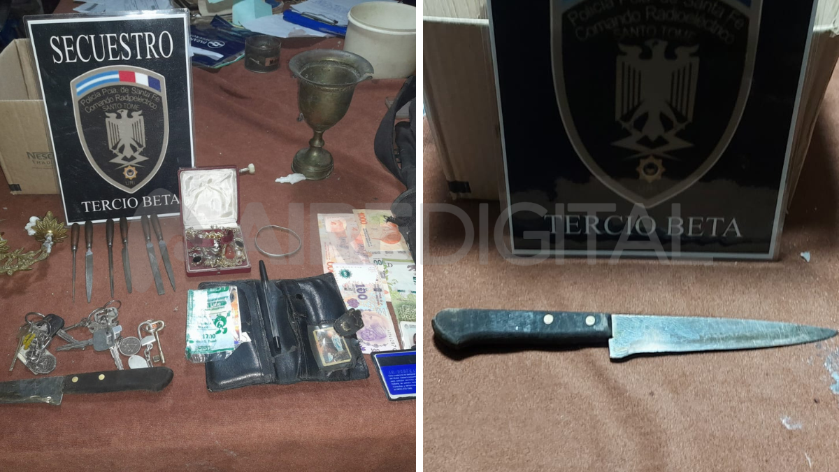La policía incautó todos los elementos que el ladrón tenía preparados para llevarse. Además, secuestraron el cuchillo. La policía incautó todos los elementos que el ladrón tenía preparados para llevarse. Además, secuestraron el cuchillo.