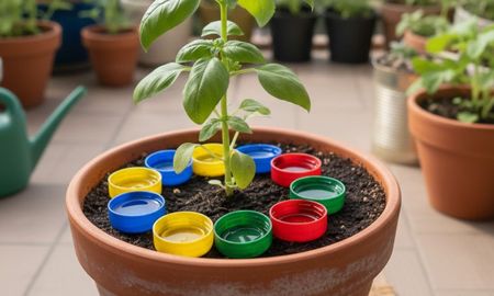 Poner tapitas de botella alrededor de los tallos de las plantas. Poner tapitas de botella alrededor de los tallos de las plantas.