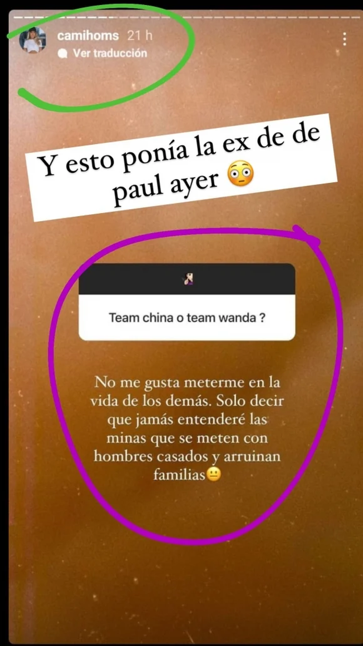 Juariu publicó el mensaje que Camila Homs, ex de Rodrigo de Paul, hizo en sus redes cuando le preguntaron si era “team Wanda o team China Suárez”.