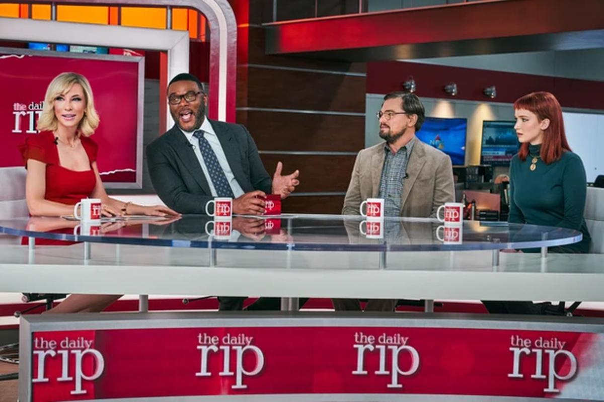 (De izquierda a derecha) Cate Blanchett, Tyler Perry, Leonardo DiCaprio y Jennifer Lawrence en Don't Look Up