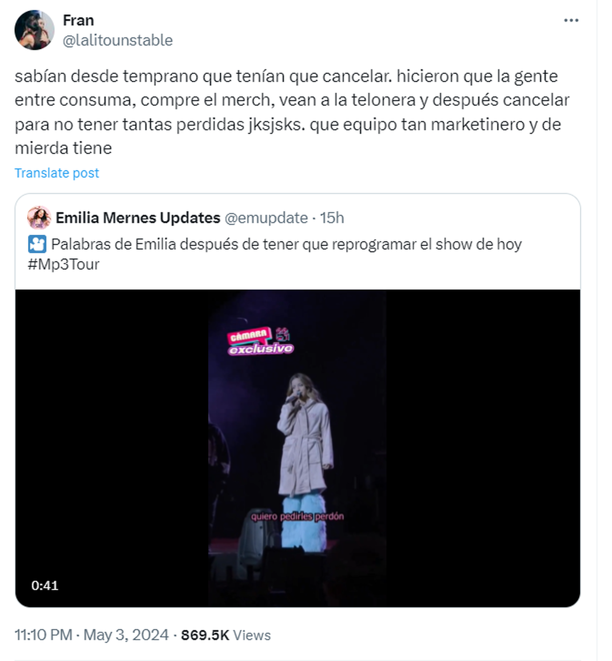 Los fans de Emilia señalaron a su equipo como los verdaderos responsables del desastre que fue el recital. Los fans de Emilia señalaron a su equipo como los verdaderos responsables del desastre que fue el recital.