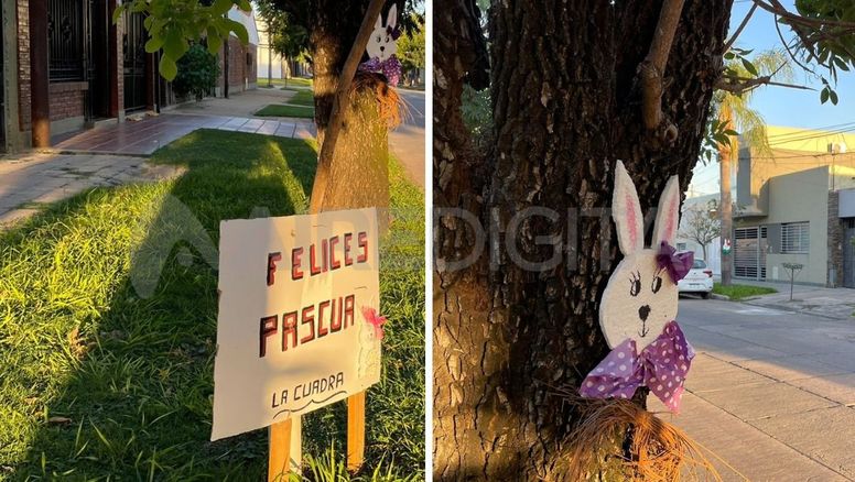 Pascuas a puro color en barrio Candioti: decoración con conejitos en toda una cuadra