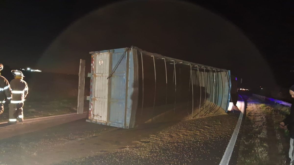 Un camión con acoplado cargado de cereal volcó este domingo en la Ruta Provincial 10