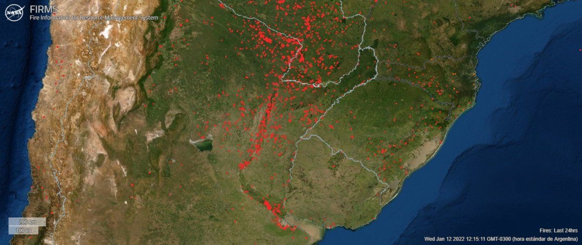 La vista de los focos de calor en la provincia de Santa Fe durante las últimas 24 horas.