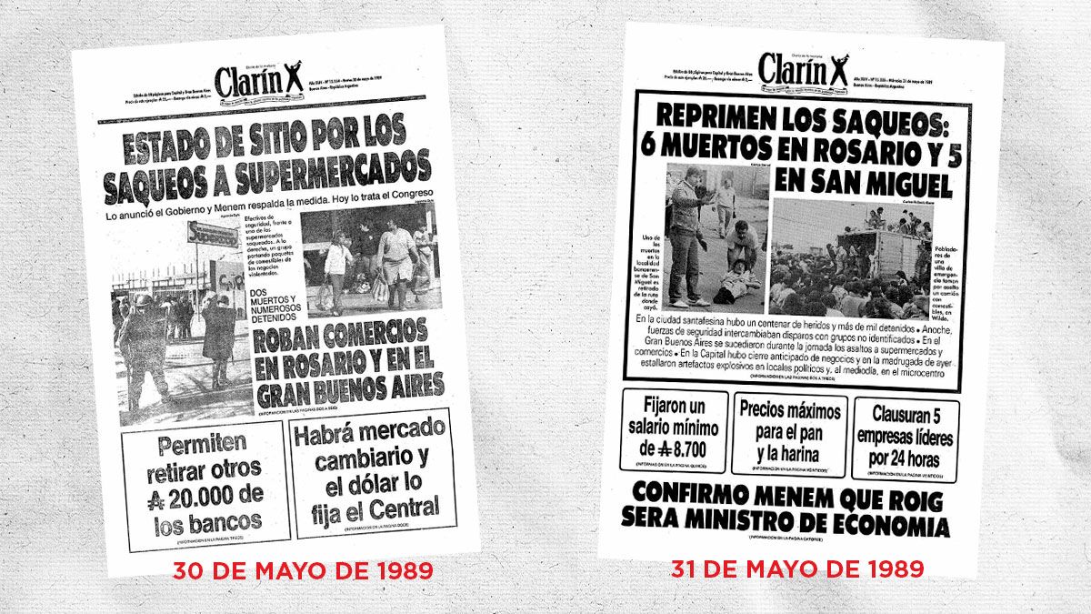 La crisis económica tuvo un impacto directo en la estabilidad política del país. Tapas de CLARIN, últimos días de mayo 1989. La crisis económica tuvo un impacto directo en la estabilidad política del país. Tapas de CLARIN, últimos días de mayo 1989.