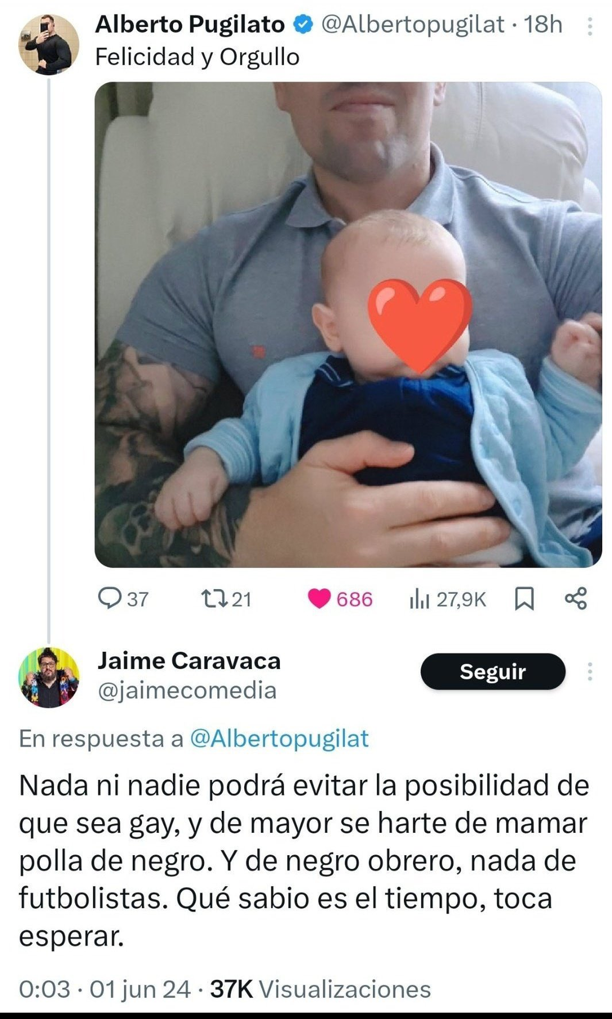 Jaime Caravaca contestó en X a una publicación del cantante del grupo musical Pugilato con su hijo de apenas unos meses de edad diciendo: Jaime Caravaca contestó en X a una publicación del cantante del grupo musical Pugilato con su hijo de apenas unos meses de edad diciendo: