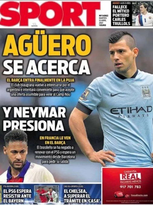 El diario Sport de Barcelona cuenta que el Kun Agüero está cada vez más cerca del ser jugador del Blaugrana, para ser compañero de Lionel Messi.
