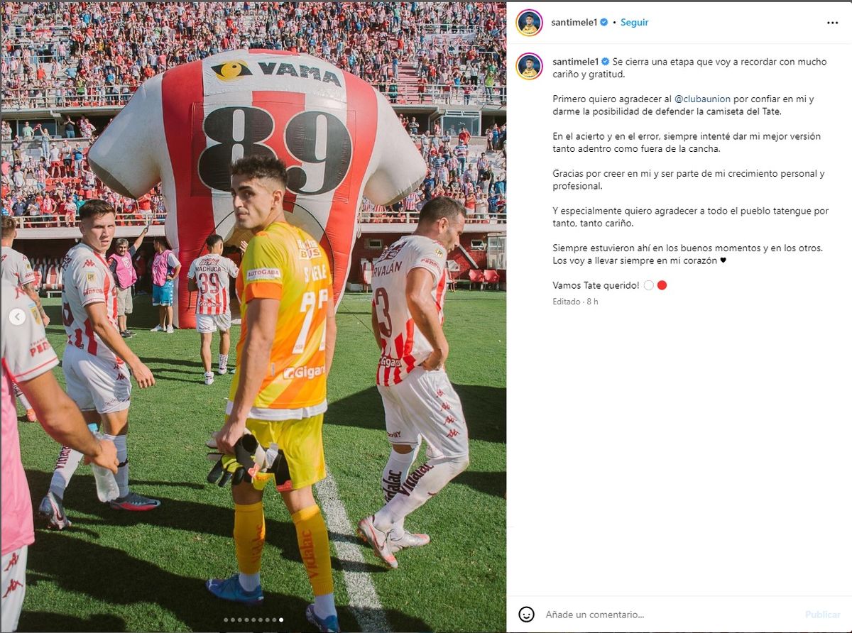 La despedida de Santiago Mele tras su salida de Unión a través de sus redes sociales. La despedida de Santiago Mele tras su salida de Unión a través de sus redes sociales.