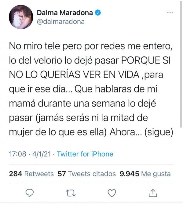 El primer tuit de Dalma Maradona contra Rocío Oliva.