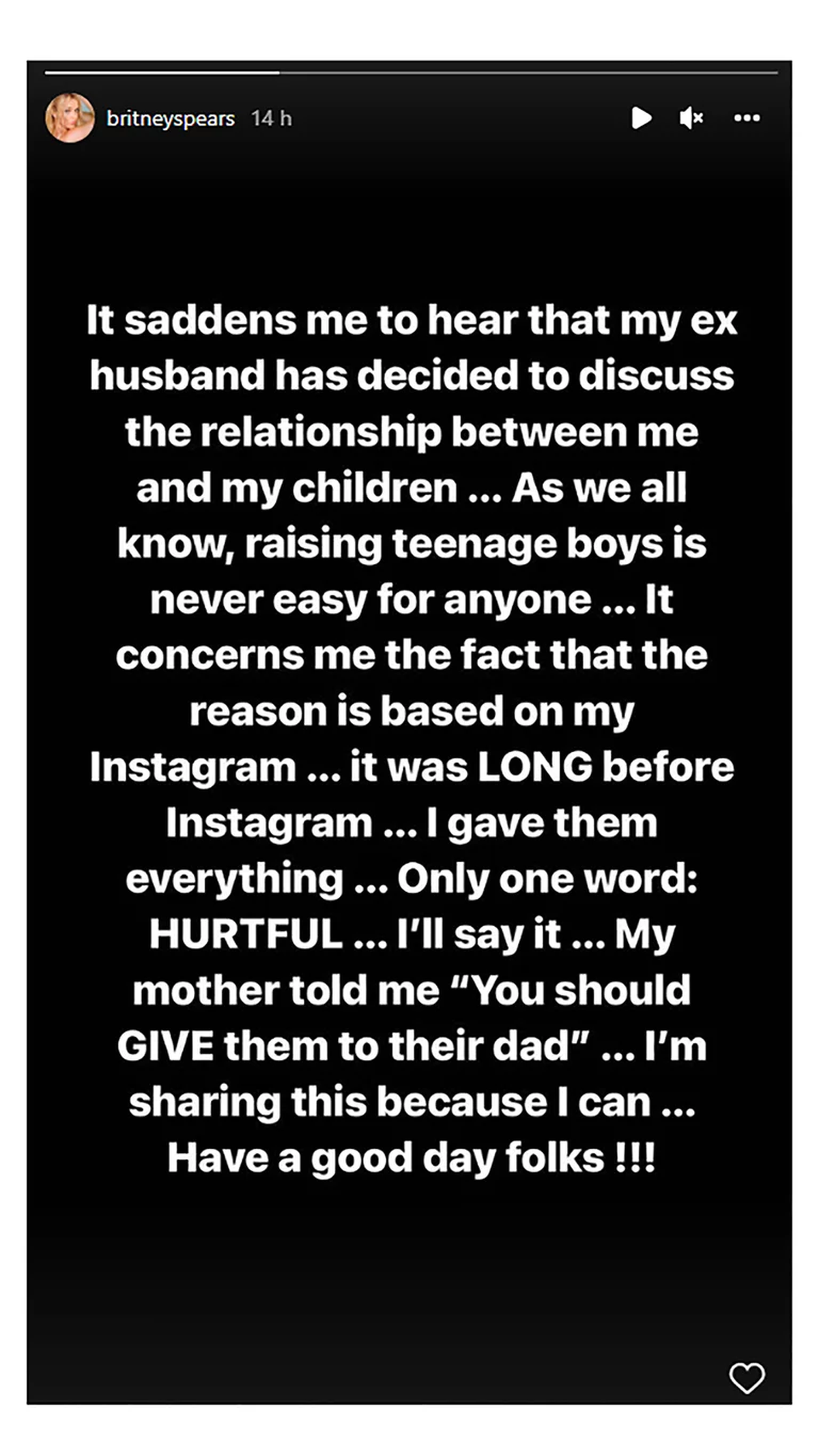 Después de enterarse de las acusaciones de su exesposo, Britney Spears decidió hablar sobre el tema en su cuenta de Instagram.