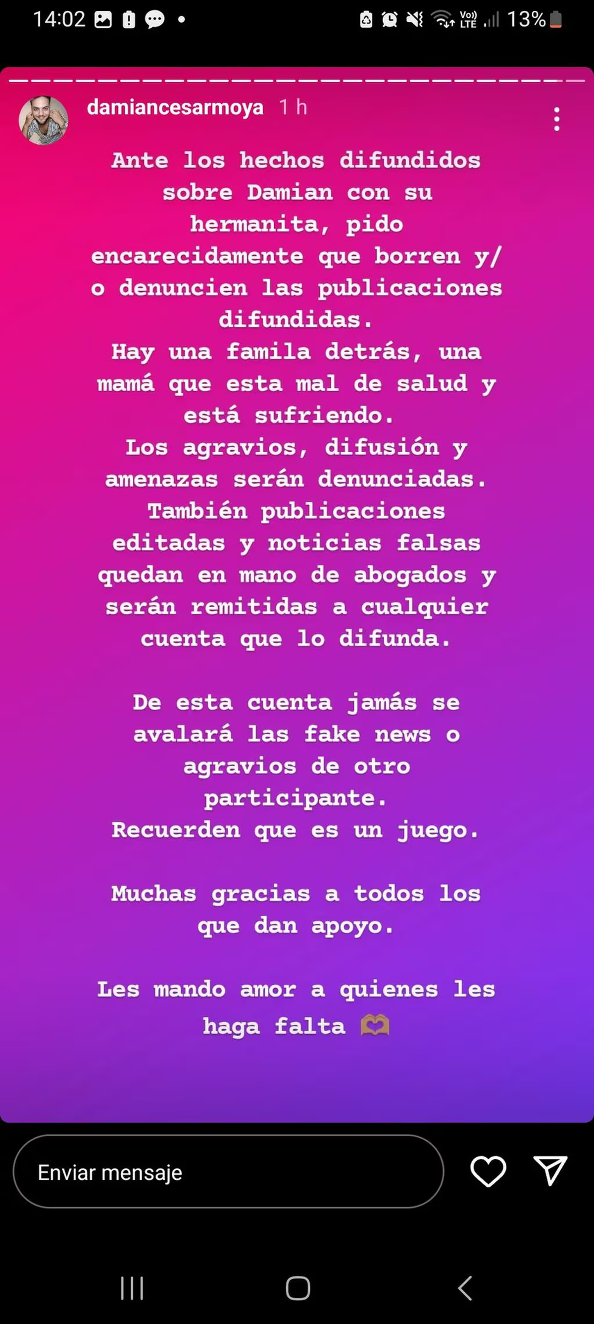 El descargo de la familia de Damián de Gran Hermano en redes. Captura de pantalla. El descargo de la familia de Damián de Gran Hermano en redes. Captura de pantalla.