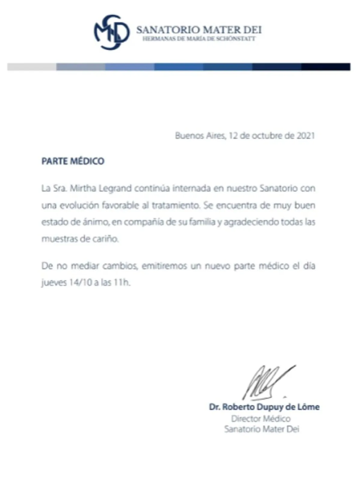 El &uacute;ltimo parte m&eacute;dico de Mirtha Legrand.