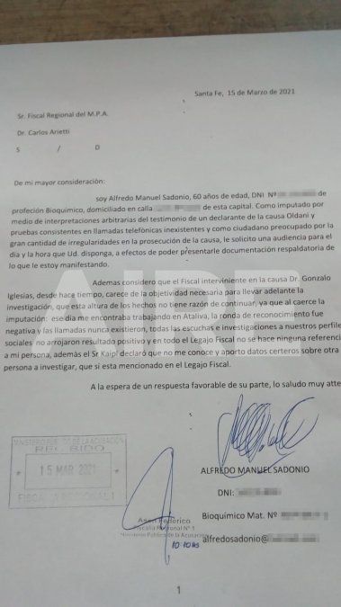 Esta es la nota que Alfredo Sadonio presentó al fiscal regional Carlos Arietti.
