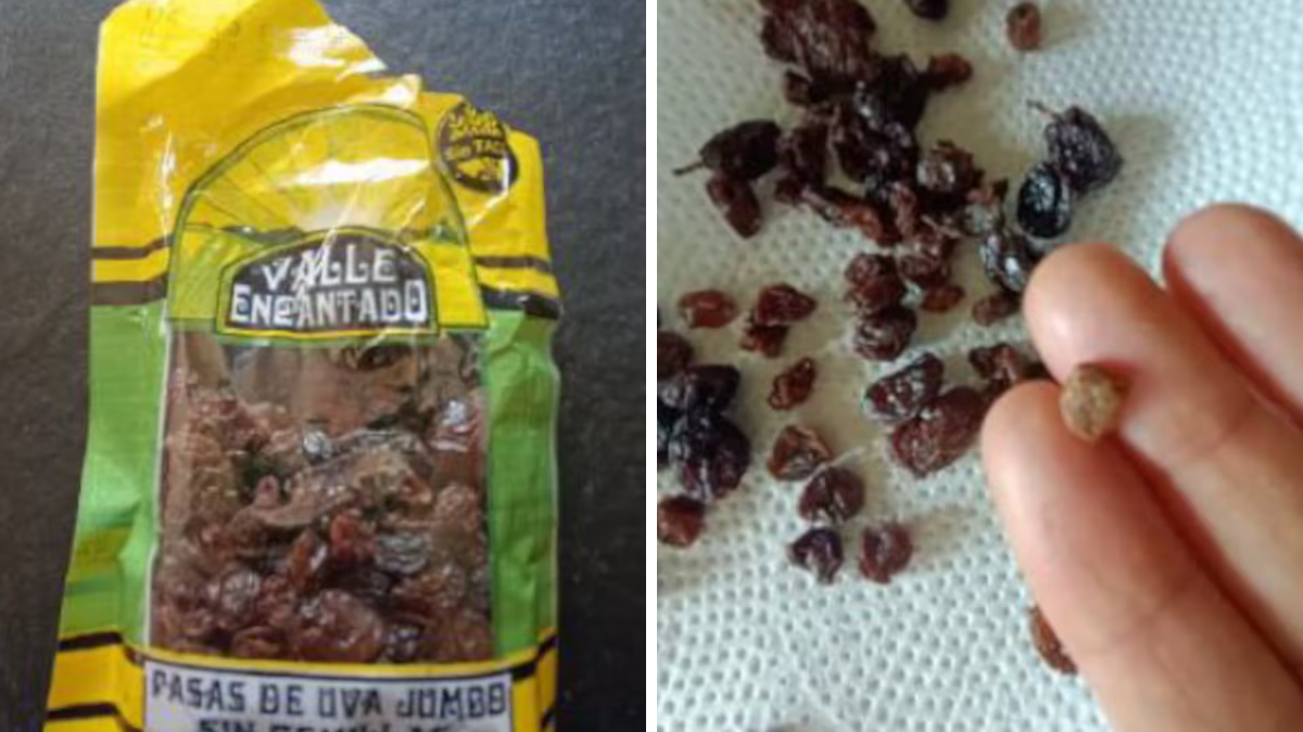La piedra dentro del paquete de pasas de uva. Foto: Boletín Oficial.