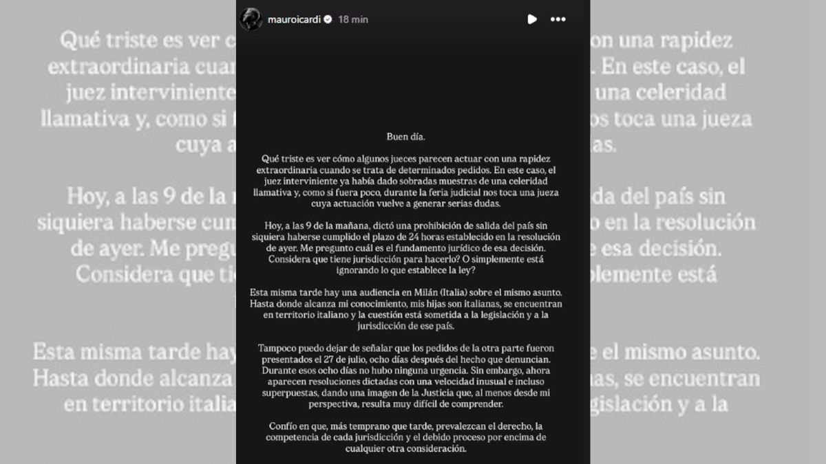 Mauro Icardi public&oacute; un fuerte descargo en redes sociales luego de que la Justicia le prohibiera salir del pa&iacute;s.